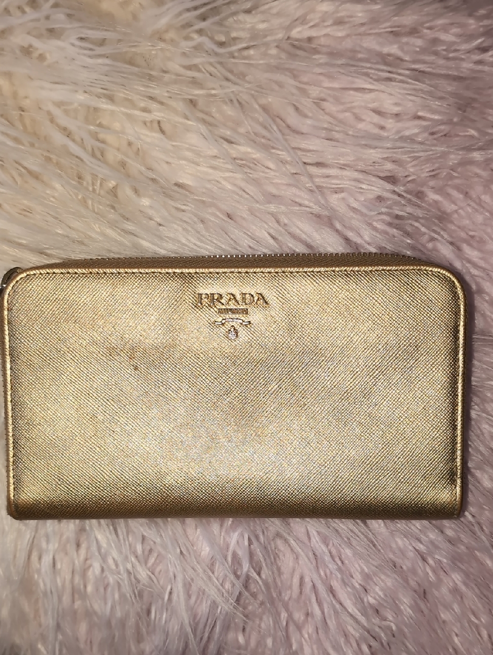 Prada Metallic Gold Saffiano Zip Wallet